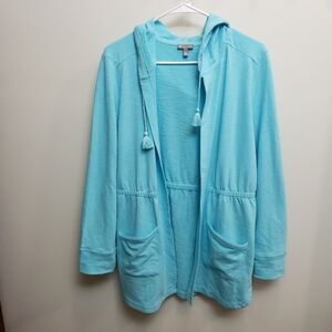 T By Talbots Teal Blue Medium Terry Cinched Waist Hooded Cardigan
